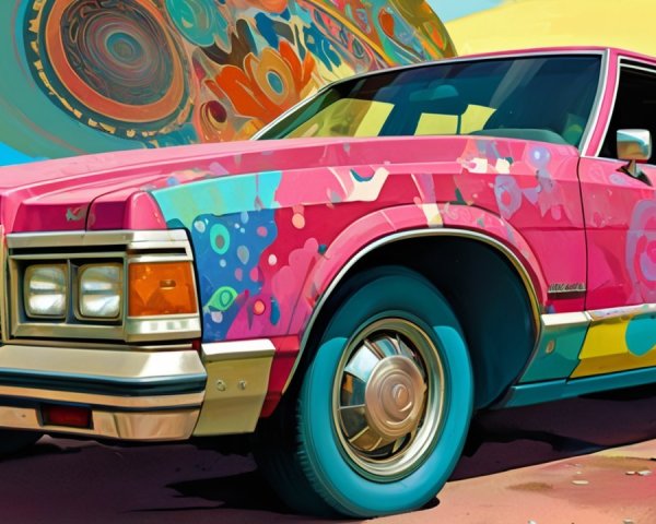 Vibrant Pink Car with Colorful Artistic Patterns
