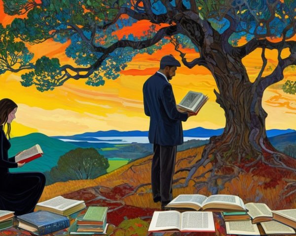 Sunset Scene with Readers by a Majestic Tree