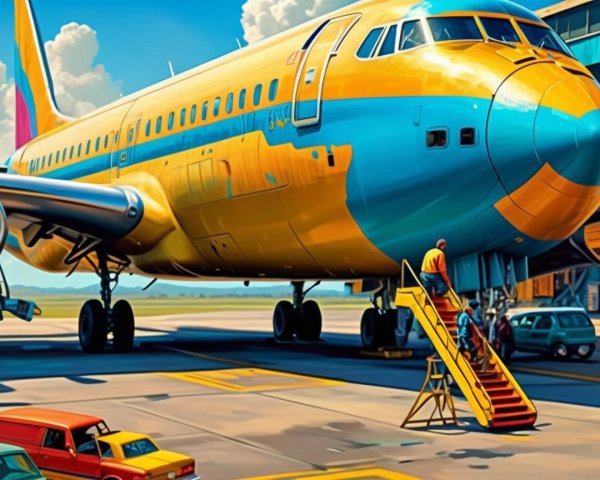 Colorful Airplane at Airport with Red Boarding Stairs