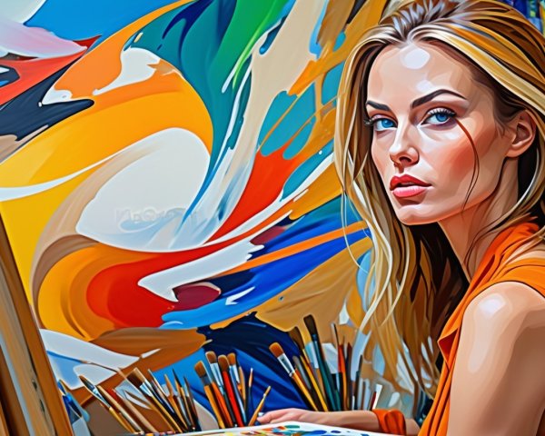 Young Woman Posing Near Vibrant Abstract Painting