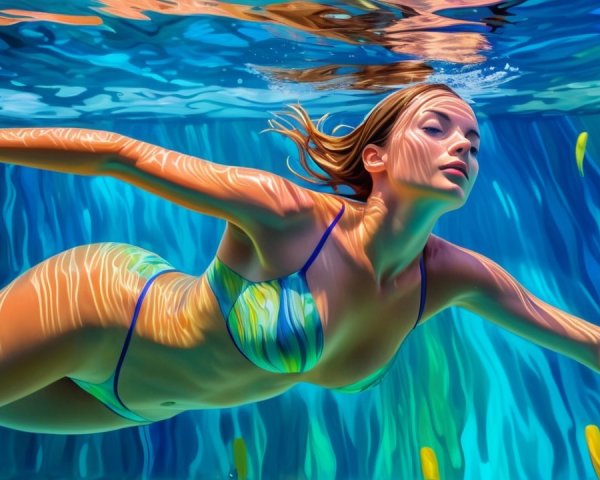 Woman Swimming Gracefully in Vibrant Underwater Scene