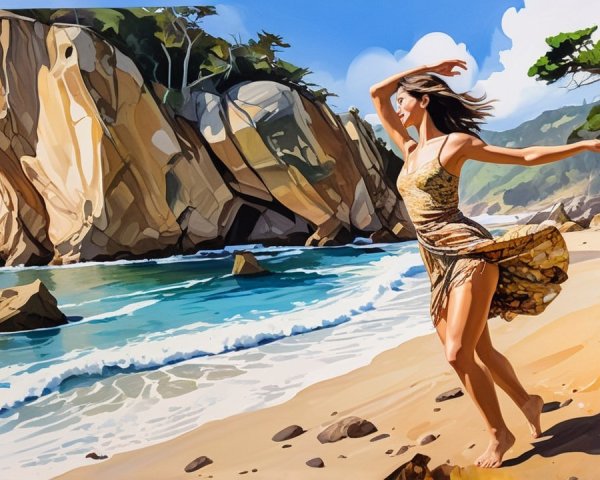 Joyful Dance on a Sandy Beach with Cliffs and Waves