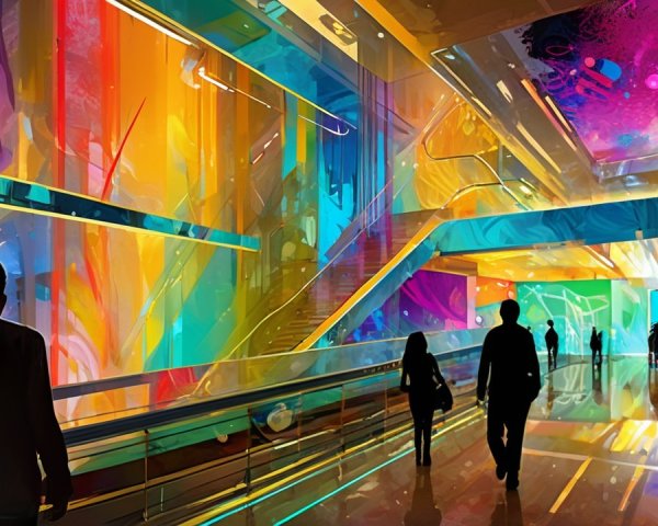 Futuristic Interior with Colorful Abstract Art and Lighting