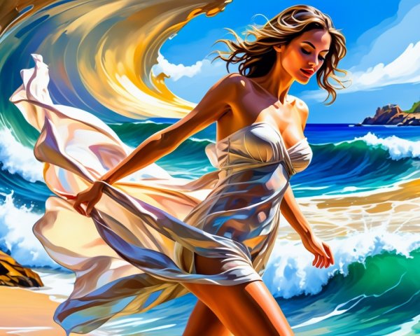 Woman in White Dress on Beach with Blue Waves
