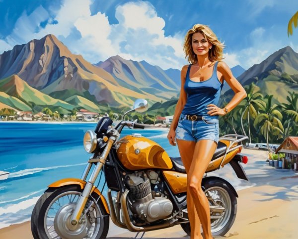A young woman by an orange motorcycle on the beach