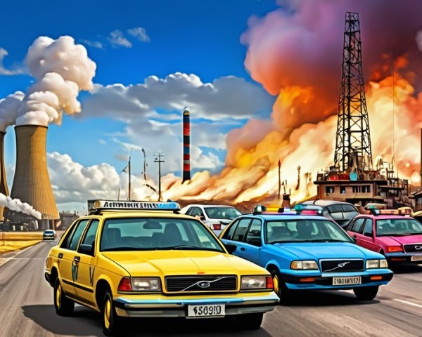 Busy highway scene with colorful taxis and smokestacks