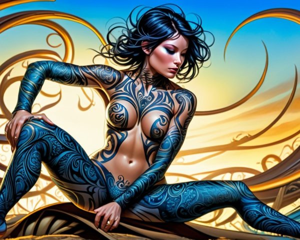 Tattooed Figure Against Vibrant Sunset Background