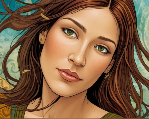 Stylized portrait of a woman with flowing brown hair