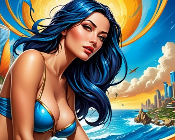 Vibrant Illustration of Woman at Sunny Beach Scene