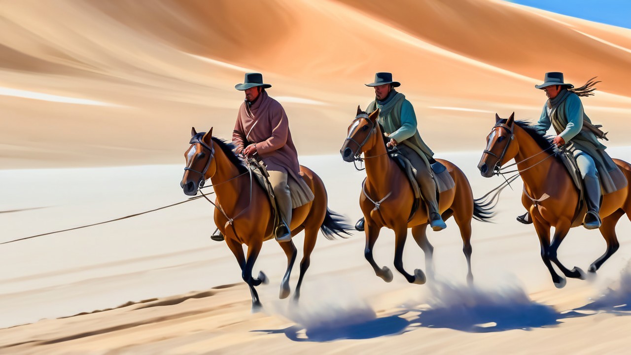 Riders Galloping Across a Sandy Desert Landscape