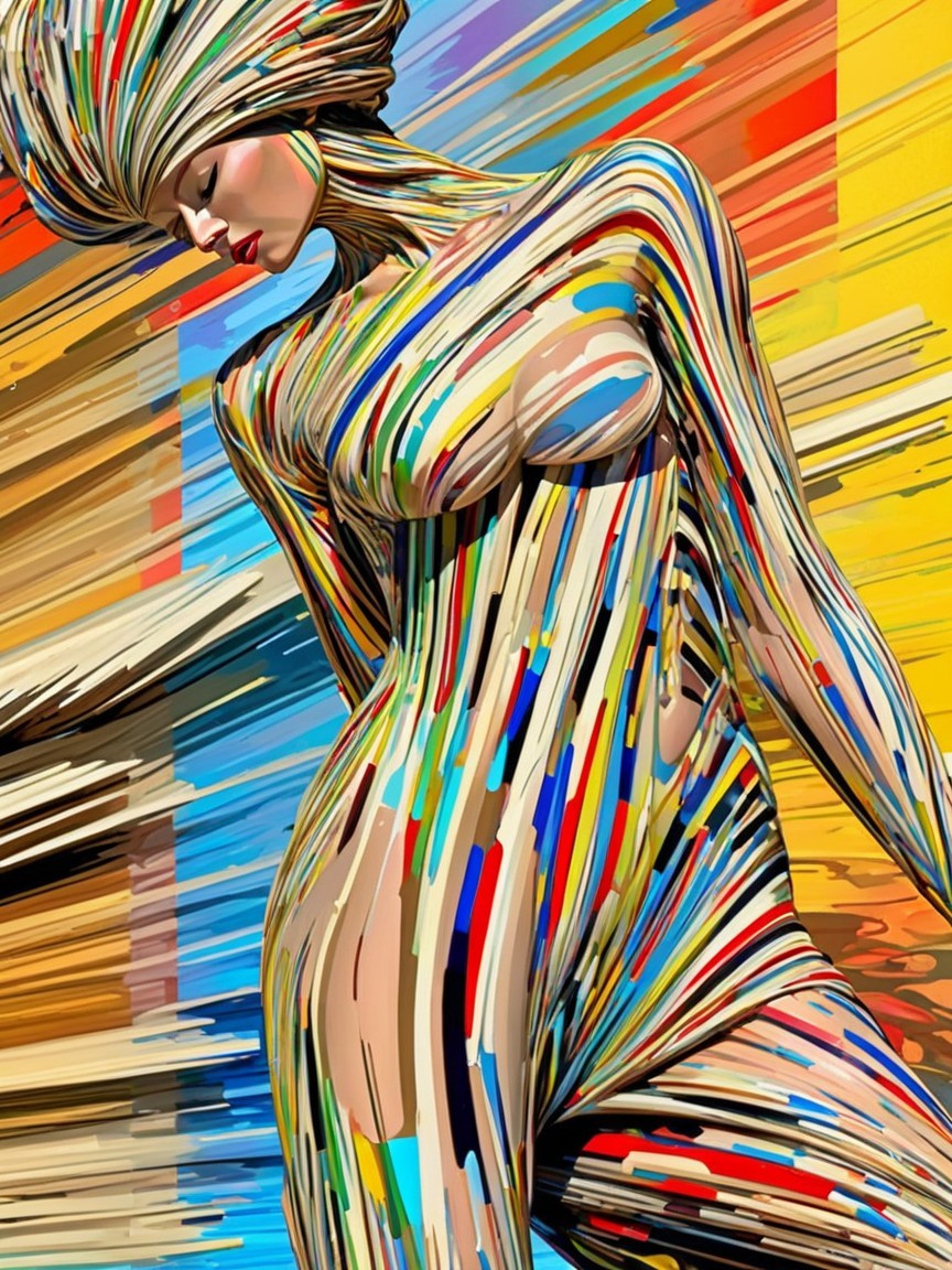 Stylized Figure in Vivid, Flowing Colors and Movement