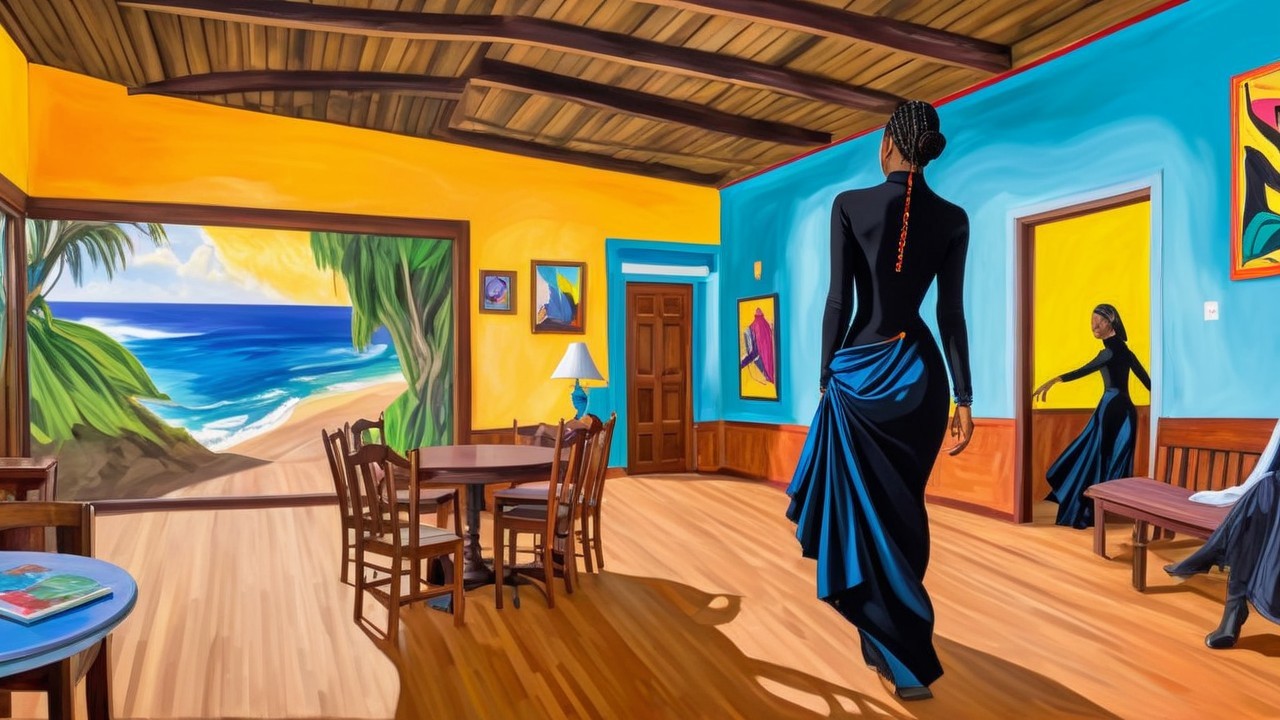 Vibrant Interior Scene with Seaside View and Artwork