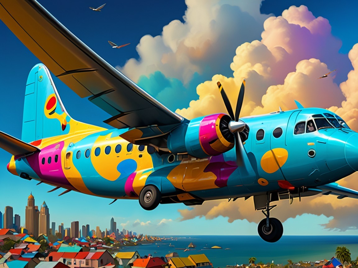 Vibrant Airplane Over Colorful Coastal Townscape