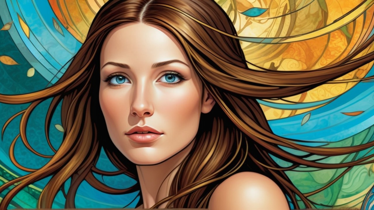 Woman with Brown Hair and Blue Eyes in Vibrant Scene