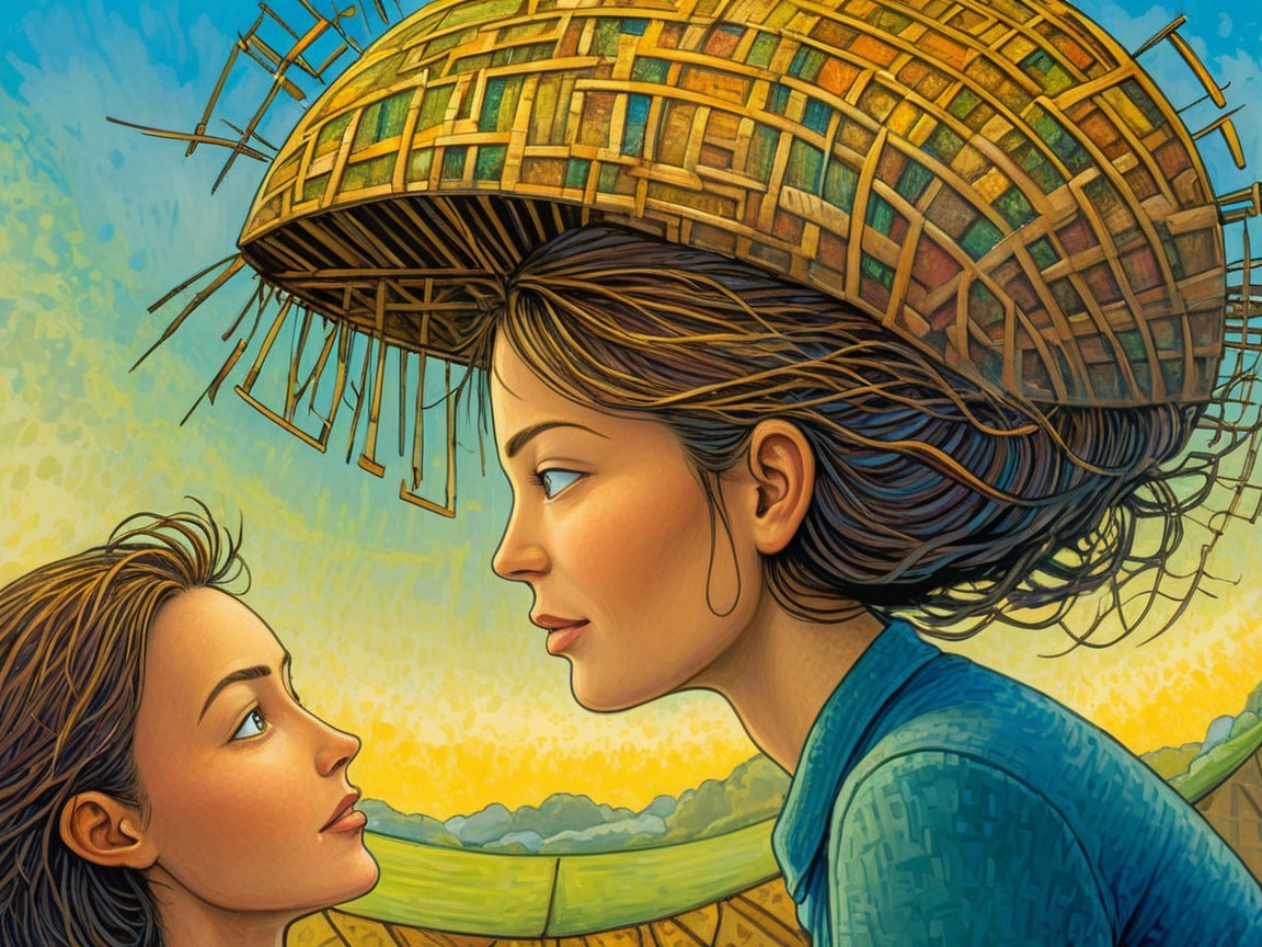 Woman and girl with warm expressions in rural landscape