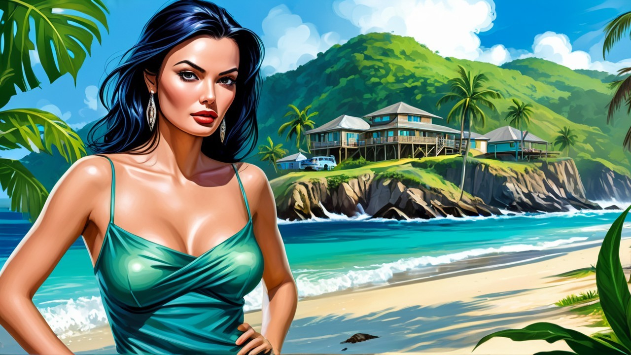Stylized Woman in Teal Dress on Tropical Beach