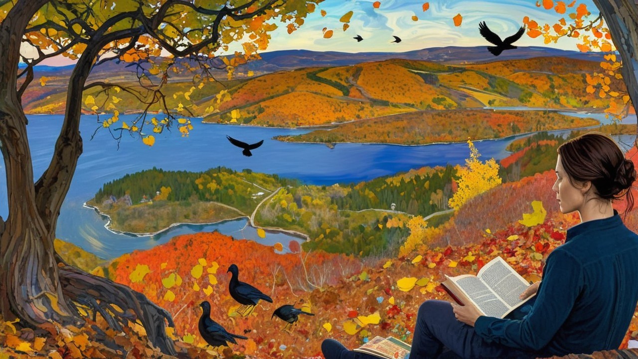 Autumn Landscape with Reading Under a Tree