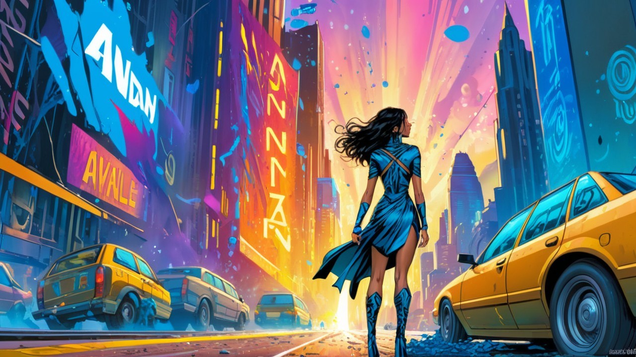 Powerful figure in vibrant neon urban scene