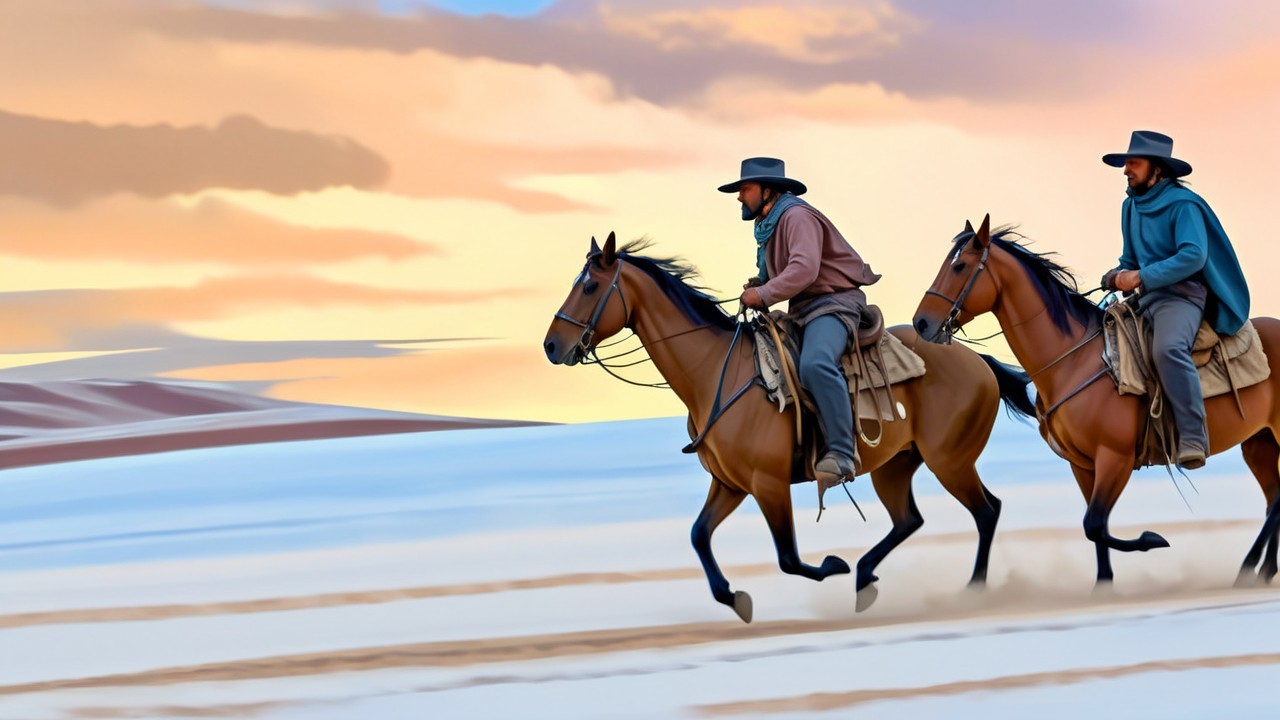 Cowboys Riding at Sunset in Desert Landscape