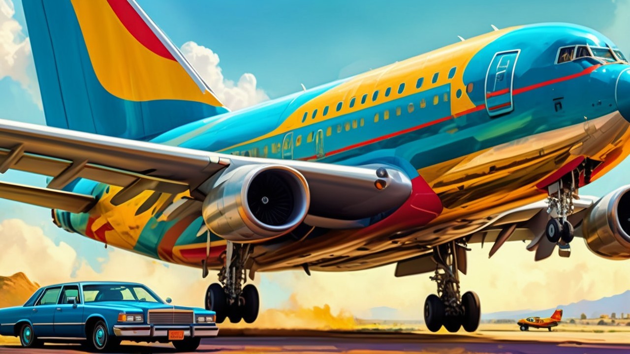 Retro Airplane Taking Off with Classic Car in View