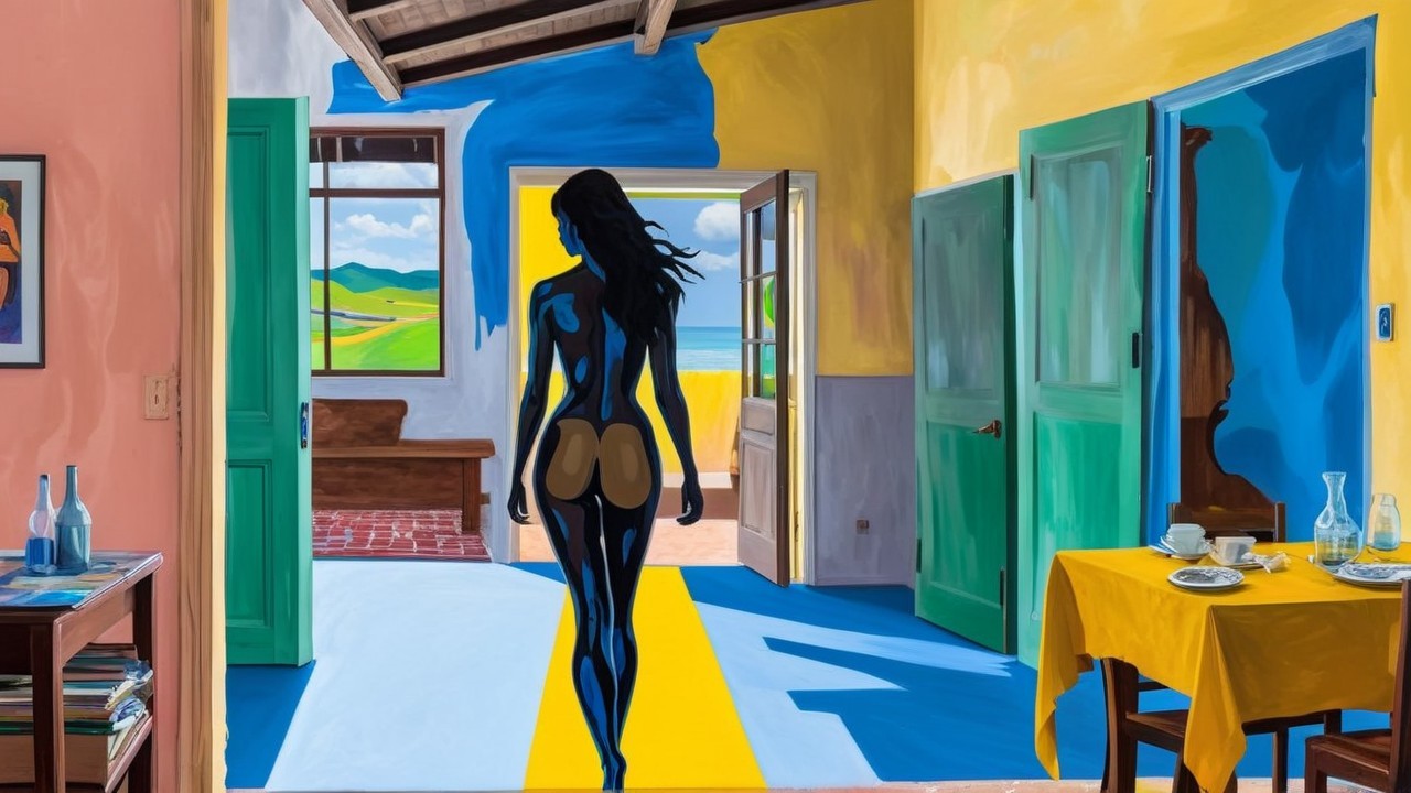 Surreal Interior Scene with Bold Colors and Landscape