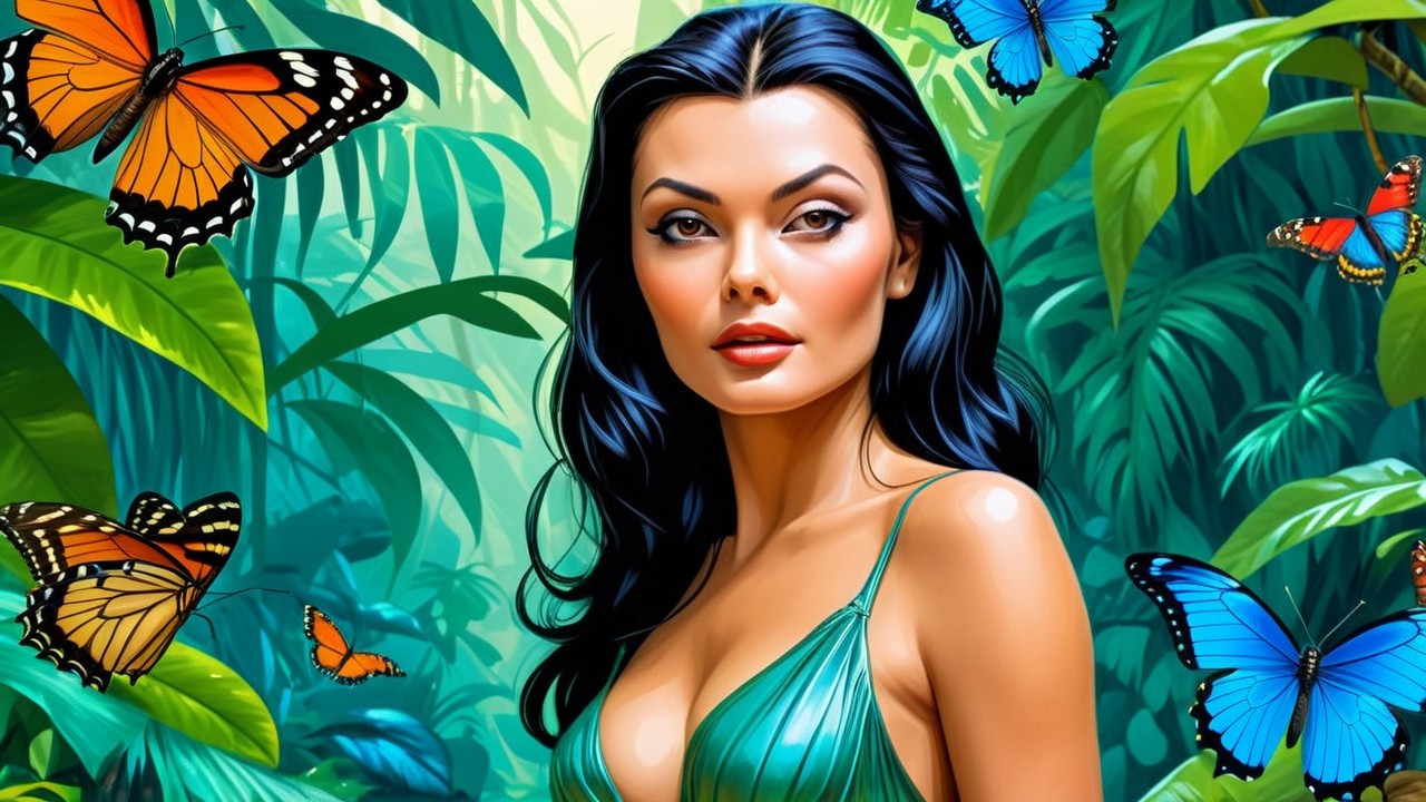 Woman in Green Dress Surrounded by Tropical Nature