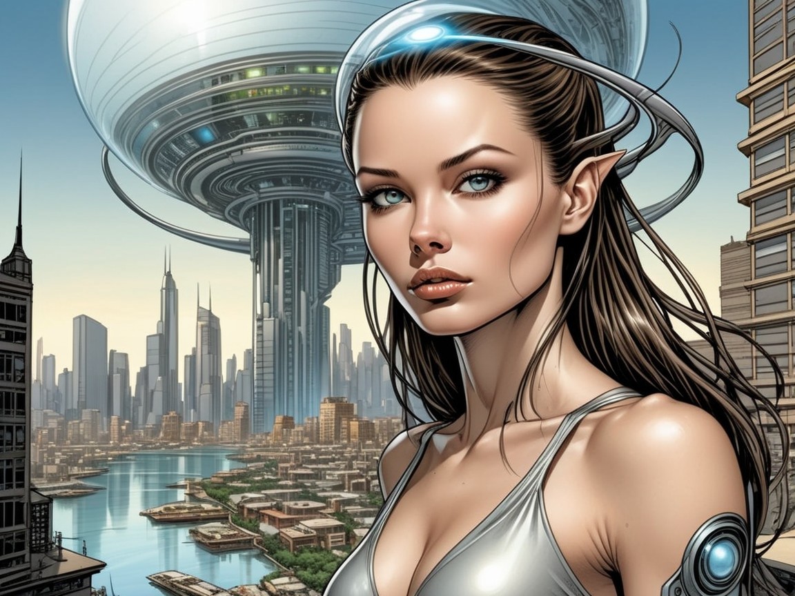 Futuristic Cyborg Woman in Urban Cityscape Setting