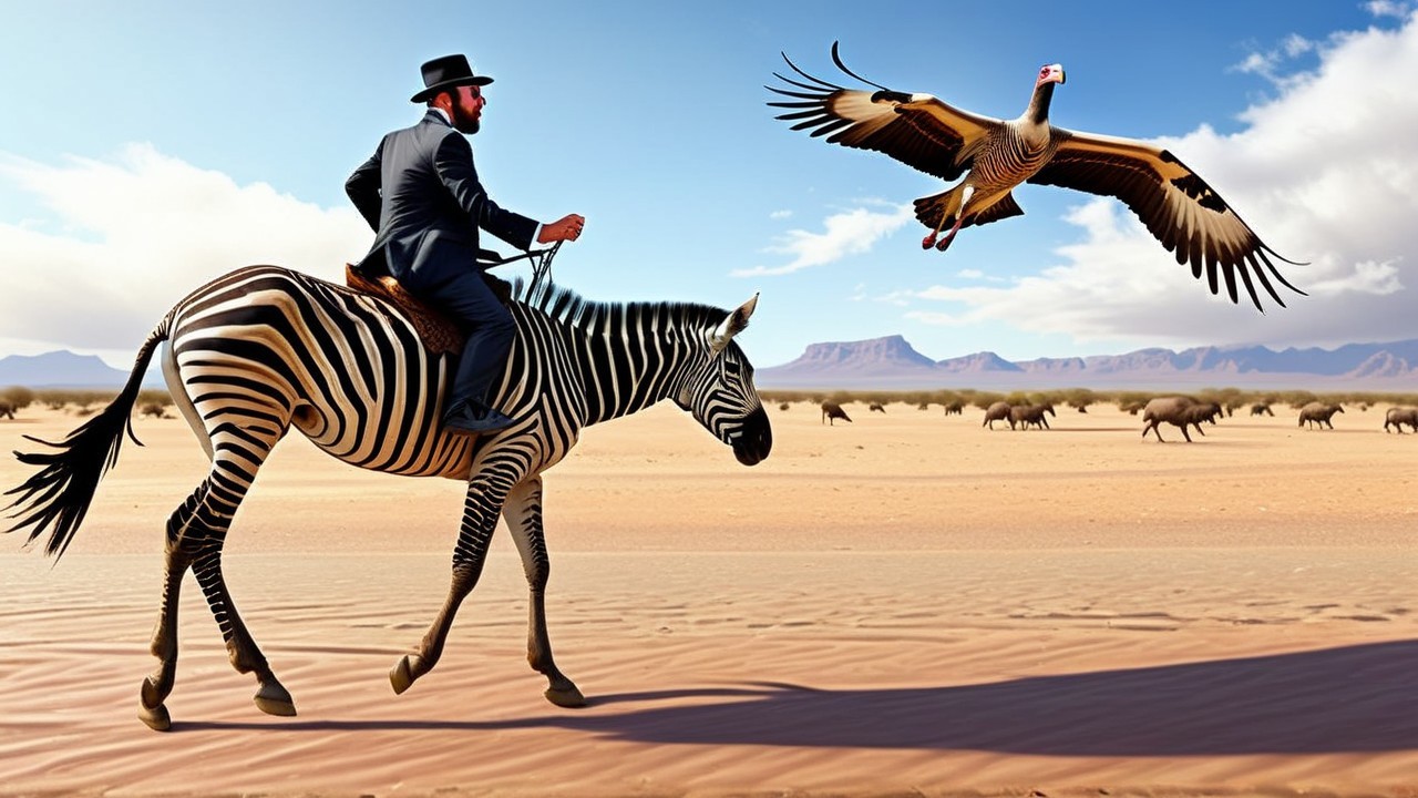 Whimsical Desert Scene with Man Riding a Zebra