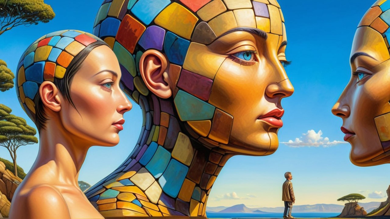 Sculpted Female Faces in Colorful Mosaic Tiles