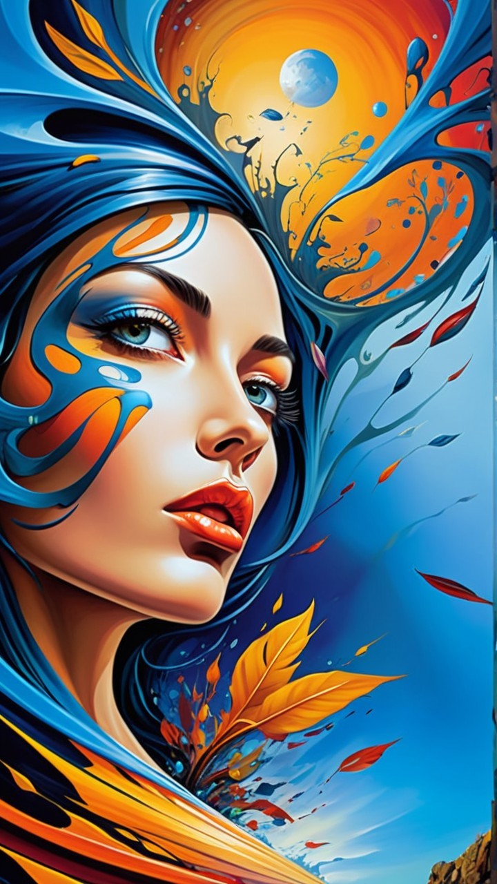 Surreal Portrait of a Woman with Blue Hair and Nature Elements