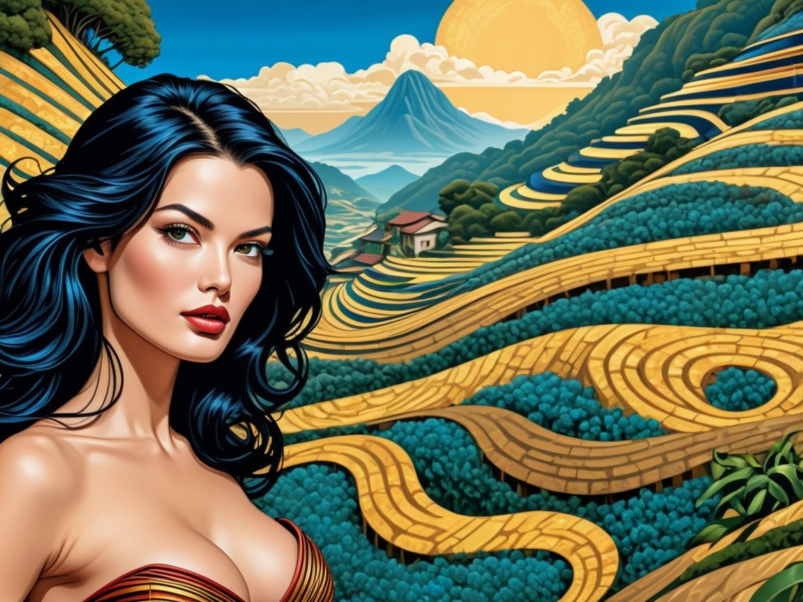 Woman with Black Hair Overlooking Vibrant Terraced Fields