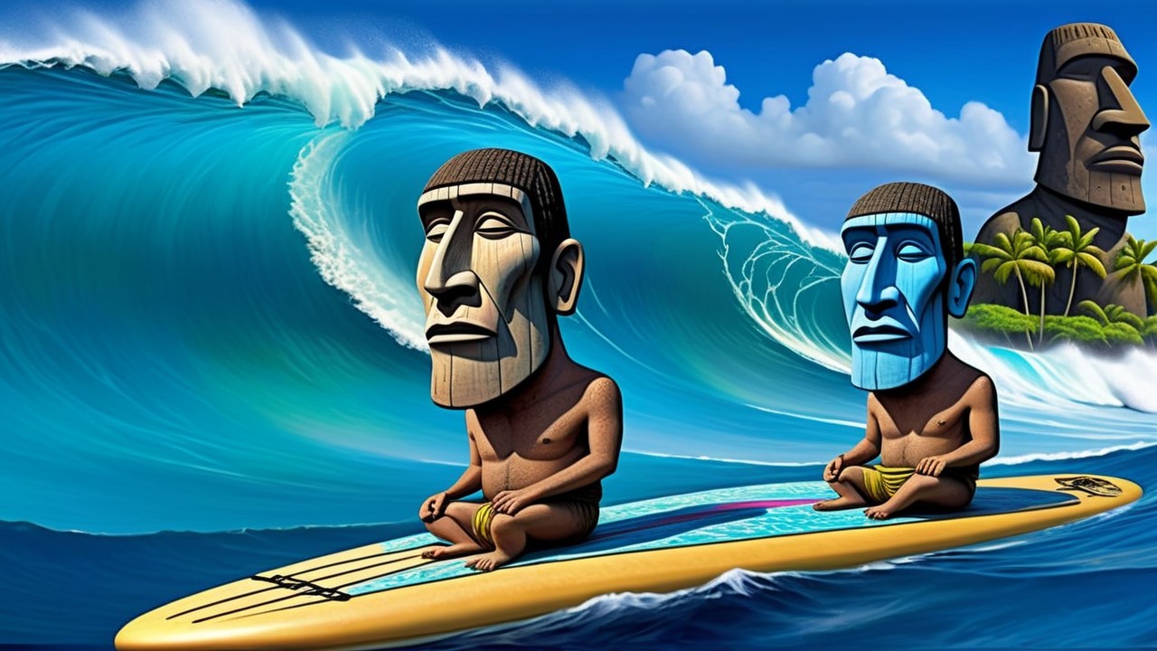 Cartoon Men on Surfboard with Easter Island Heads