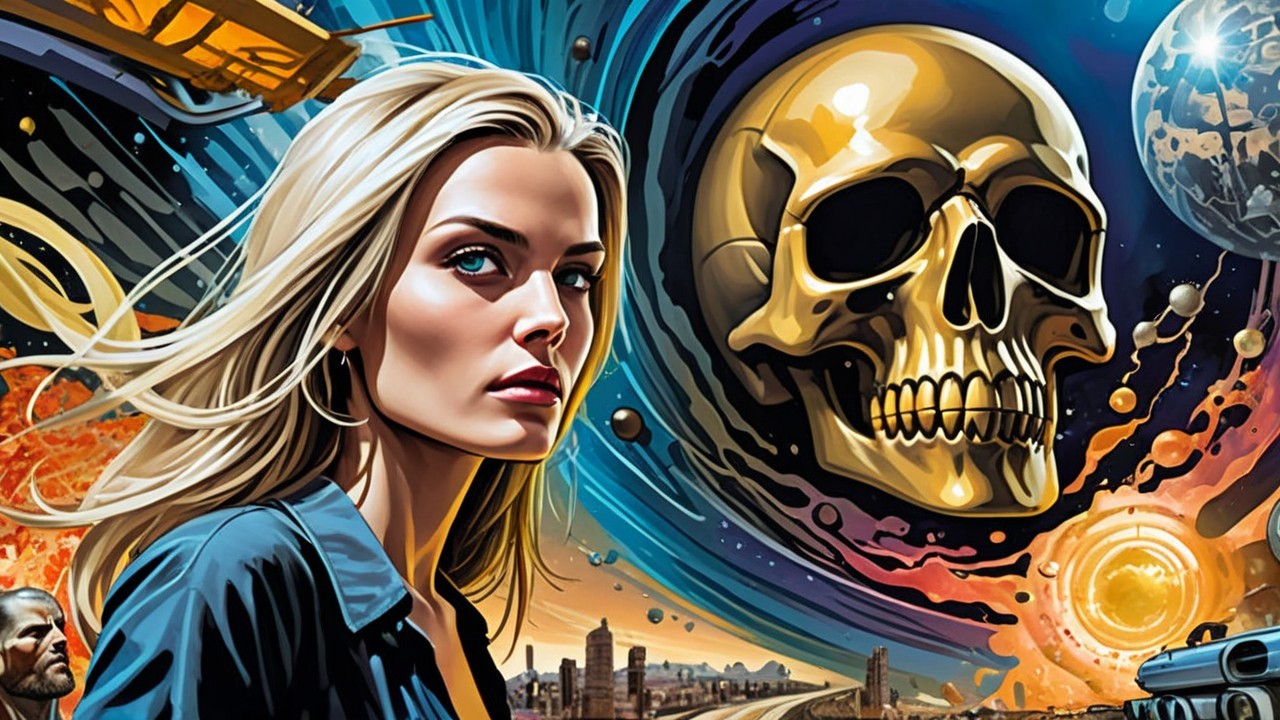 Colorful Comic Style Illustration with Woman and Skull