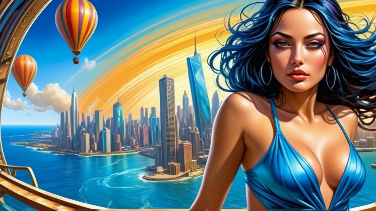 Woman with Blue Hair in Vibrant City Skyline Scene