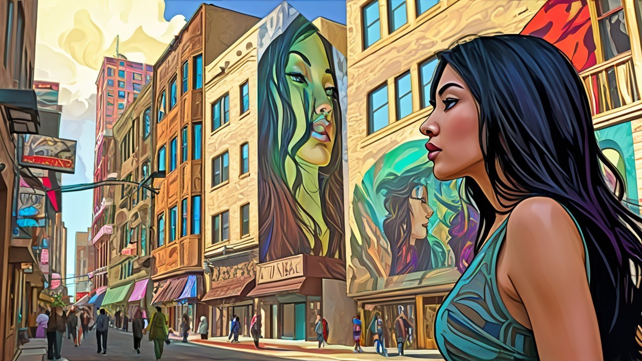 Vibrant Urban Street Scene with Colorful Murals