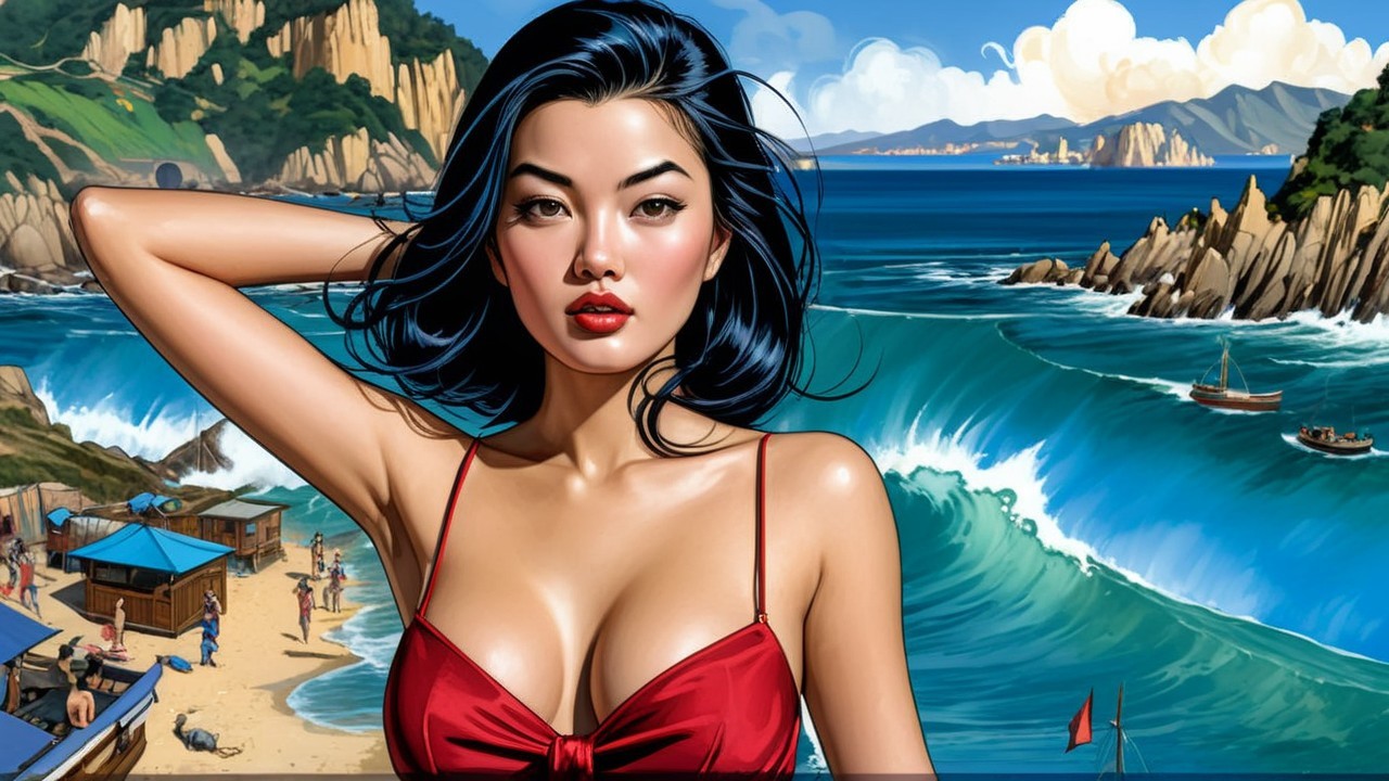 Confident Woman in Red Swimsuit by Coastal Scene