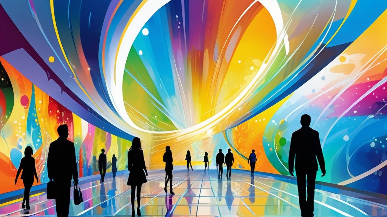 Vibrant Abstract Mural in Modern Hall with Figures