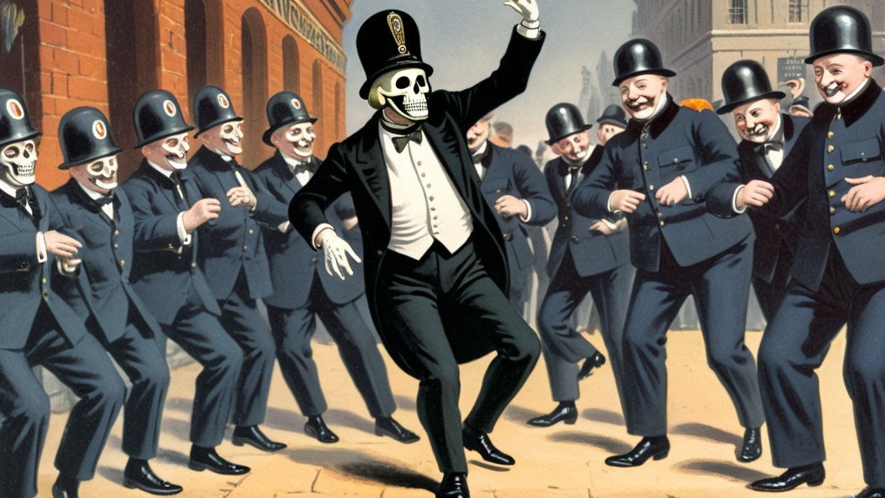 Stylized Digital Painting of Dancing Skeleton Figures