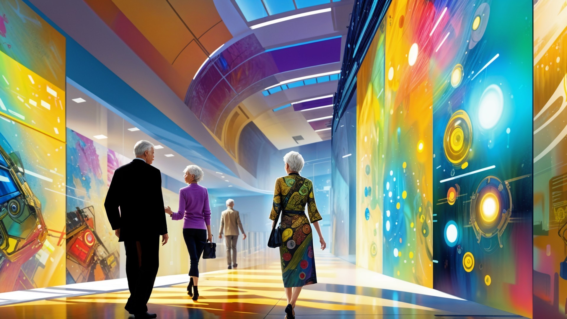 Futuristic Hallway with Colorful Digital Murals