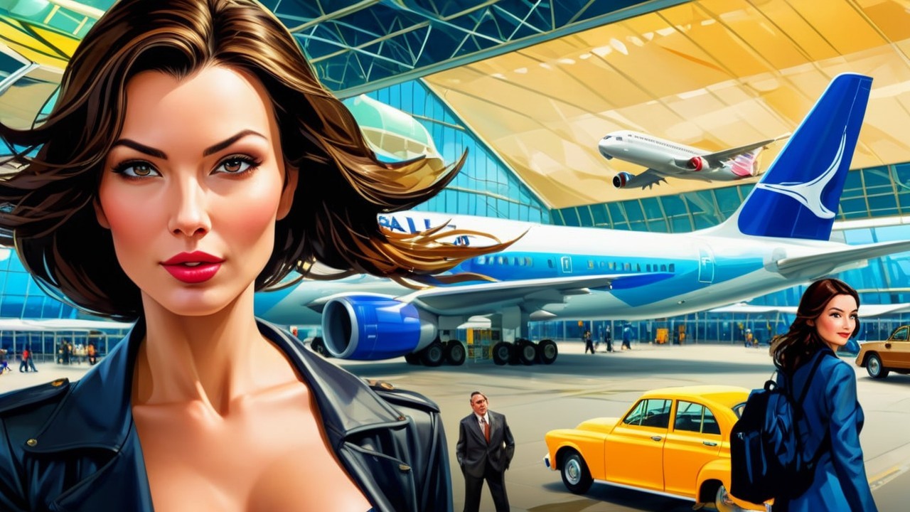 Vibrant Airport Scene with Confident Woman and Airplane