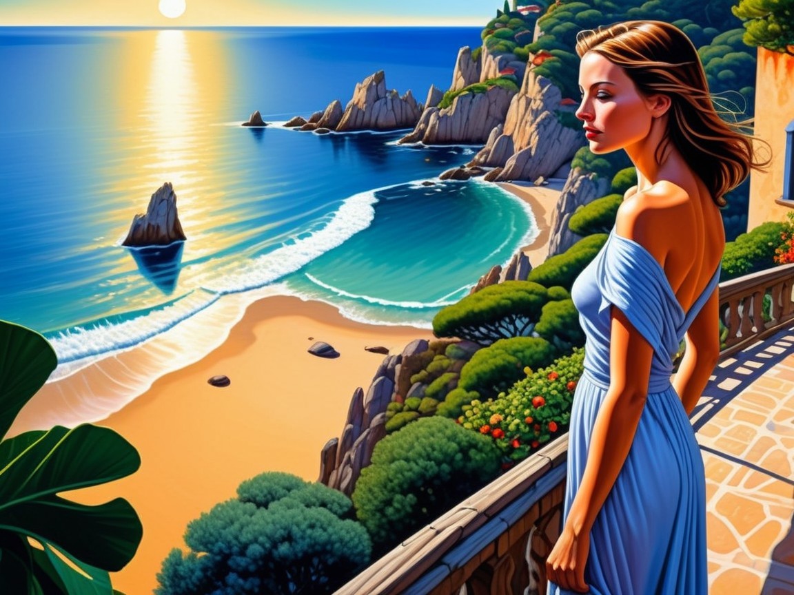 Serene Coastal Scene with Woman in Blue Dress