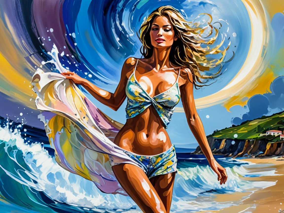 Colorful Painting of Woman by Shoreline in Swimsuit