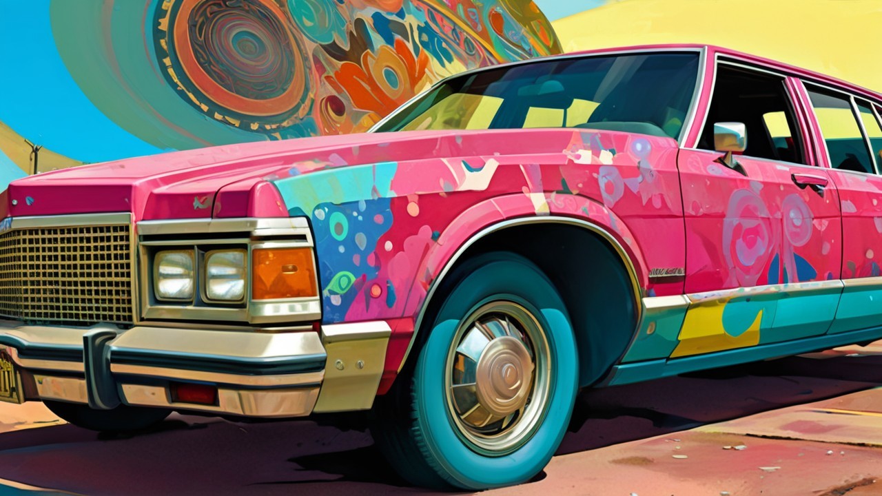 Vibrant Pink Car with Colorful Artistic Patterns
