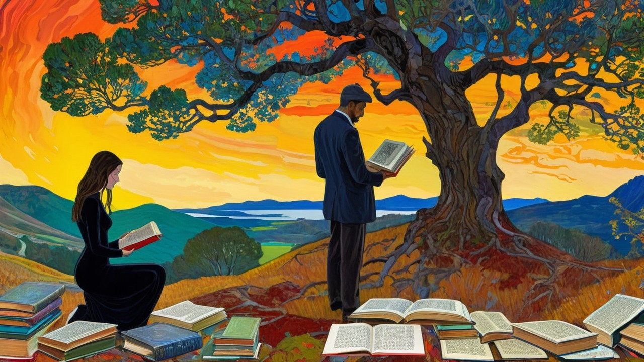 Sunset Scene with Readers by a Majestic Tree