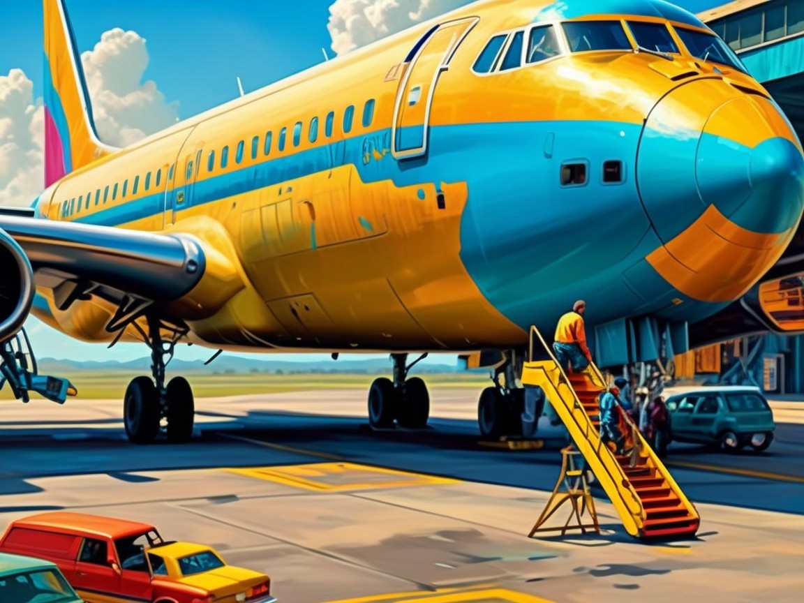Colorful Airplane at Airport with Red Boarding Stairs