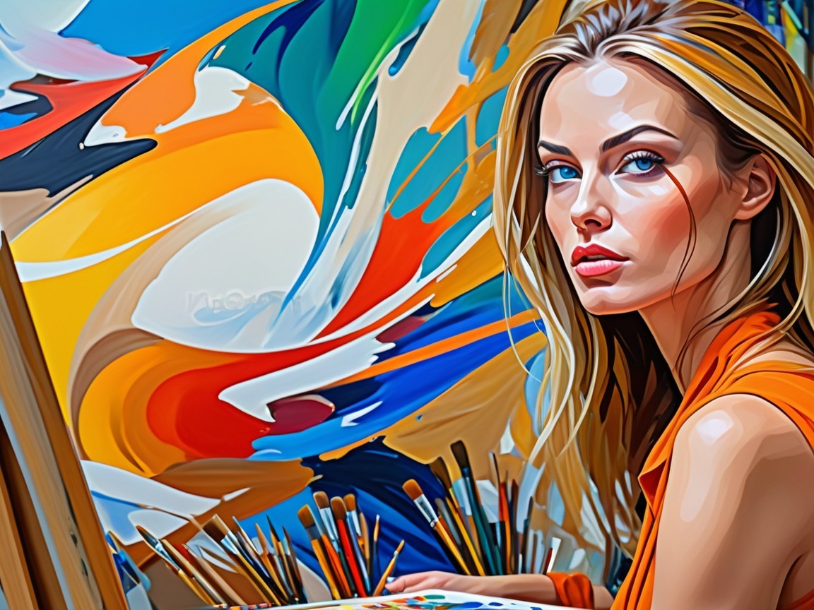 Young Woman Posing Near Vibrant Abstract Painting