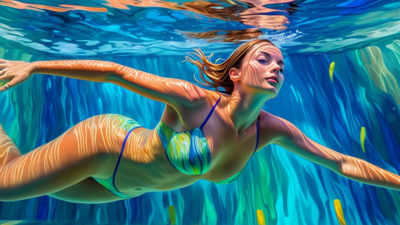 Woman Swimming Gracefully in Vibrant Underwater Scene