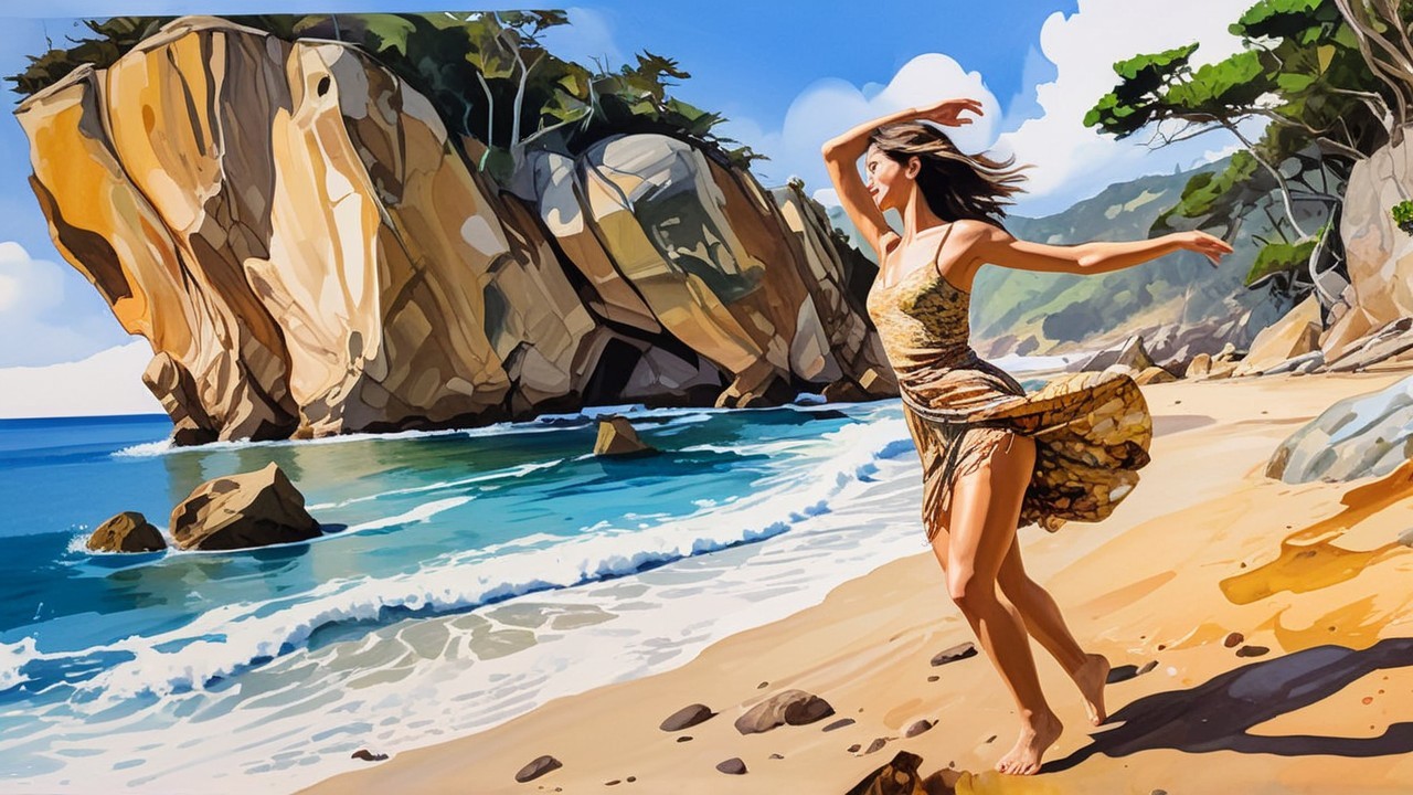Joyful Dance on a Sandy Beach with Cliffs and Waves