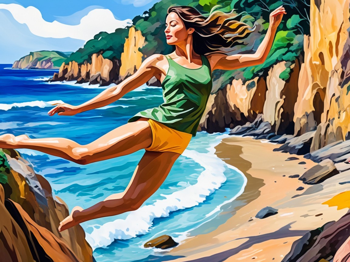 Woman jumping from cliff into blue sea with cliffs
