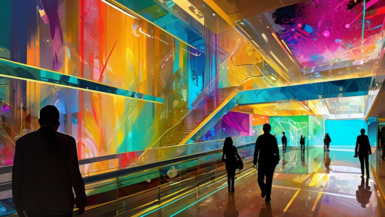 Futuristic Interior with Colorful Abstract Art and Lighting